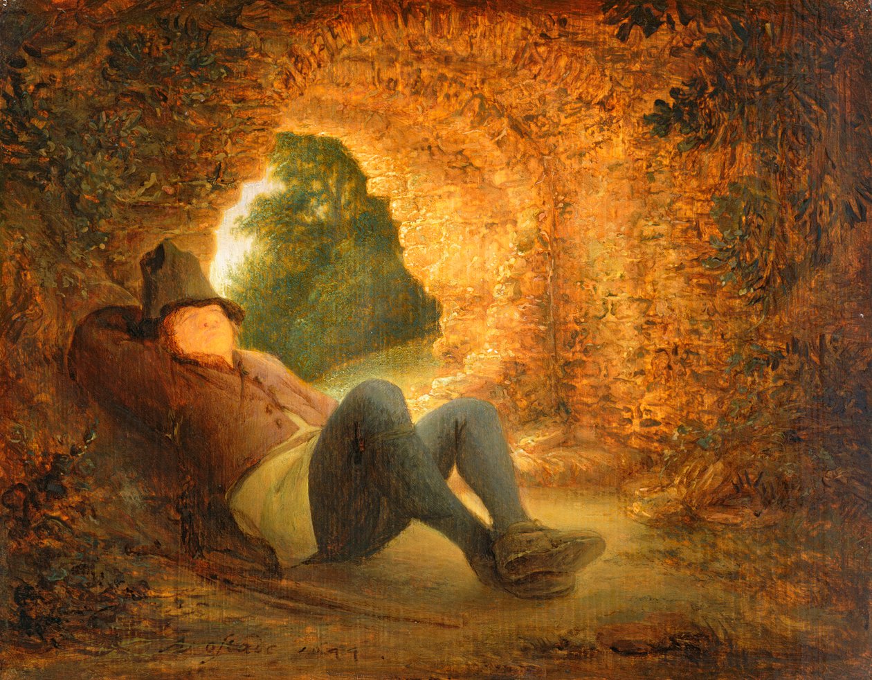 Yıkık bir kasada uyuyan köylü, 1644 (panel) by Adriaen Jansz. van Ostade