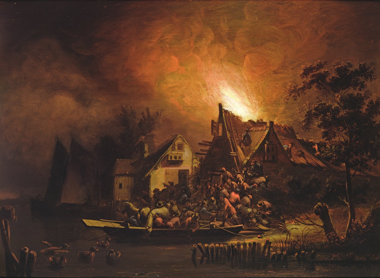 Köylüler Kulübe Yangınını Söndürmek İçin Mücadele Ediyor by Adriaen Lievensz van der Poel