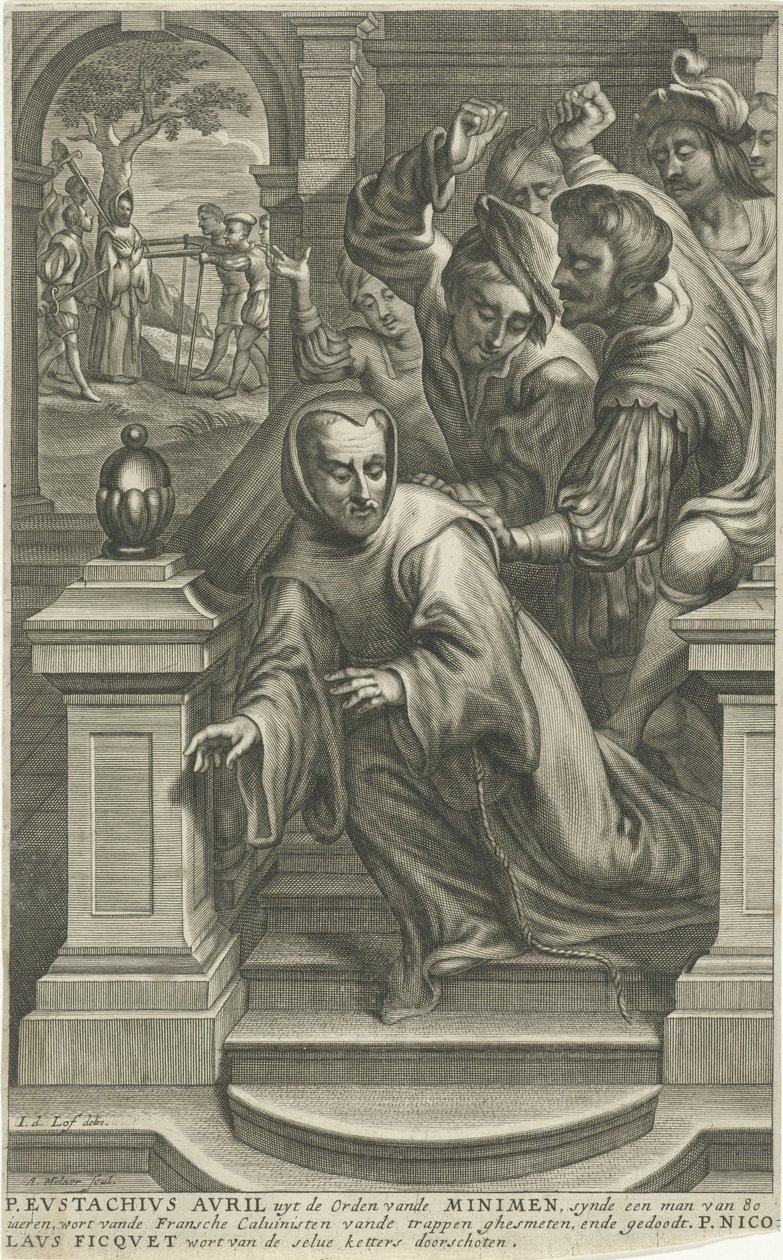 Eustachius Avril, Kalvinistler tarafından merdivenlerden aşağı atıldı by Adriaen Millaert