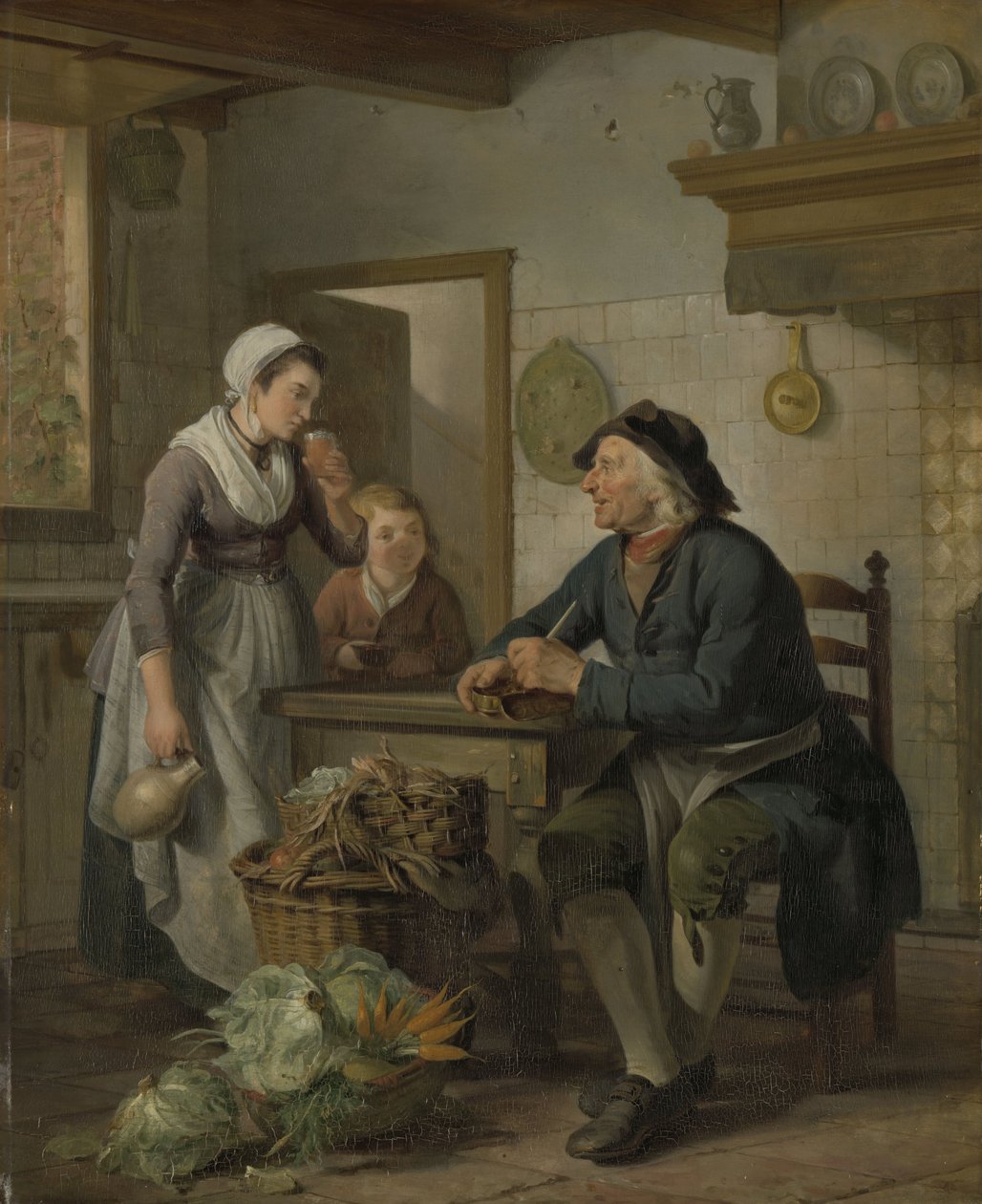 Kynlíf ávaxta og blóma í wicker körfu á syllu. by Adriaan de Lelie