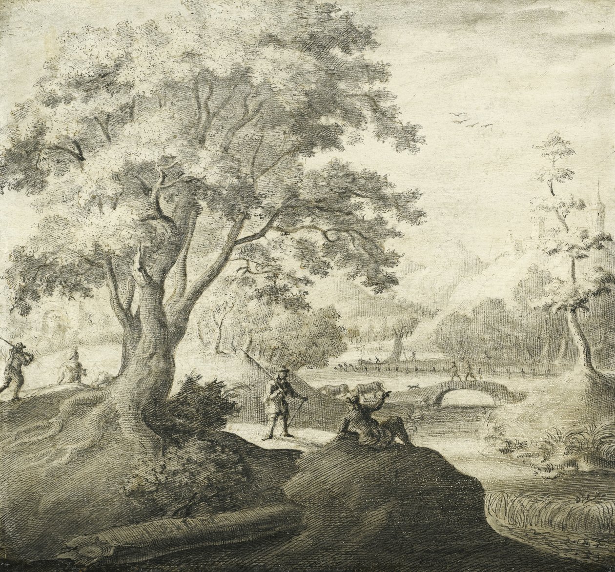 Bir yol boyunca dinlenen insanlarla nehir manzaraları by Adriaen van Salm