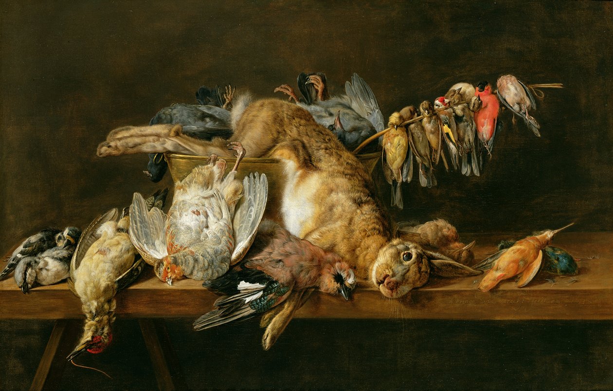 Ölü kuşların natürmort ve masada bir tavşan, 1647 by Adriaen van Utrecht