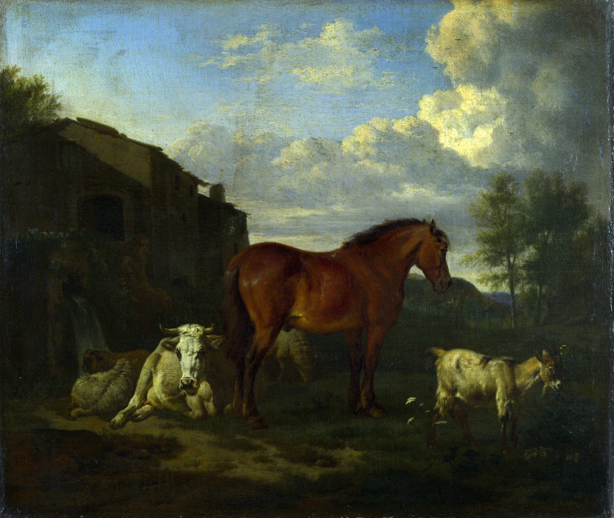 Bir Binanın Yanında Bir Defne Atı, Bir İnek, Bir Keçi ve Üç Koyun by Adriaen van de Velde