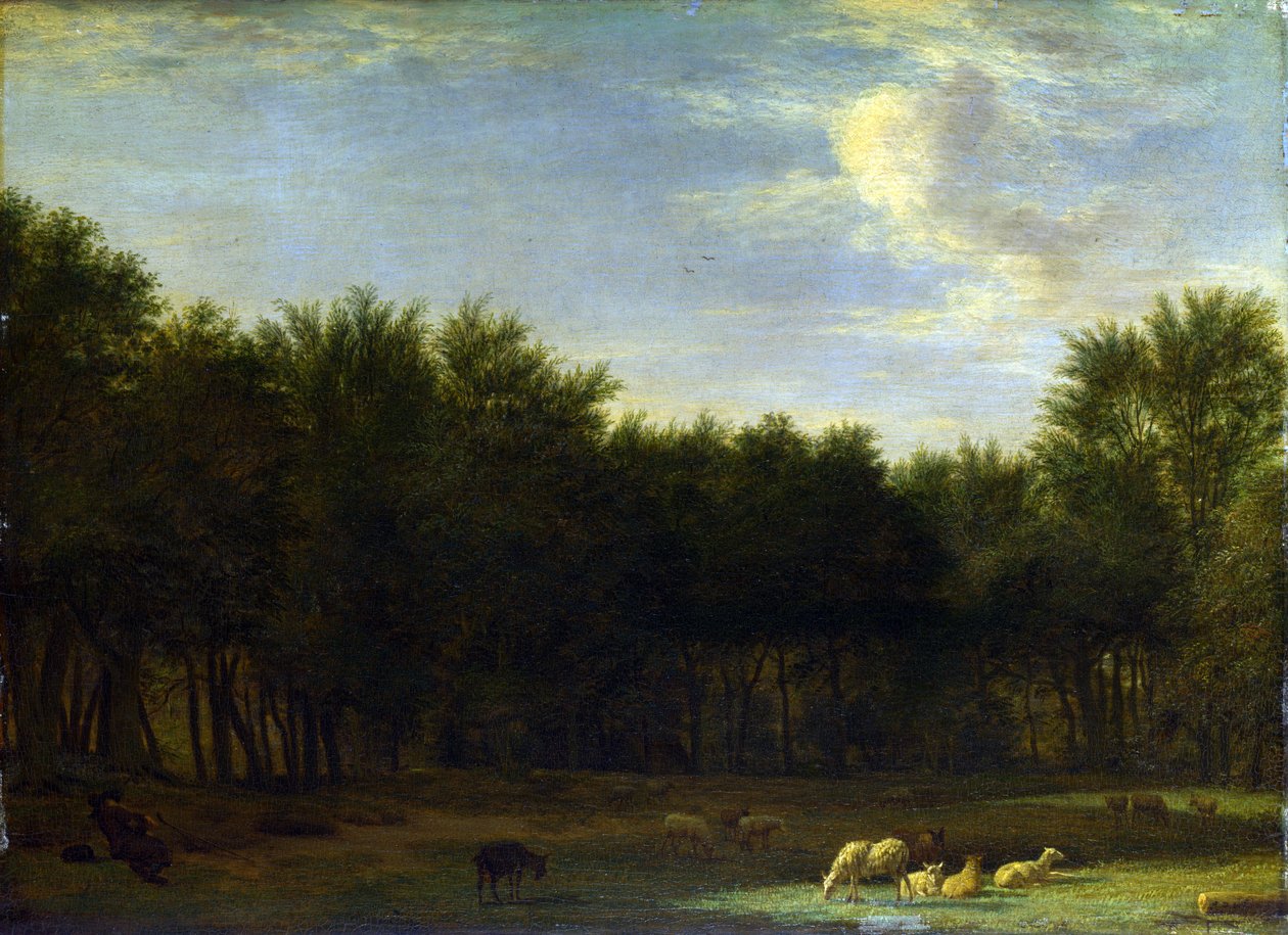 Uyuyan Çoban, Koyun ve Keçi ile Bir Ormanın Kenarı by Adriaen van de Velde