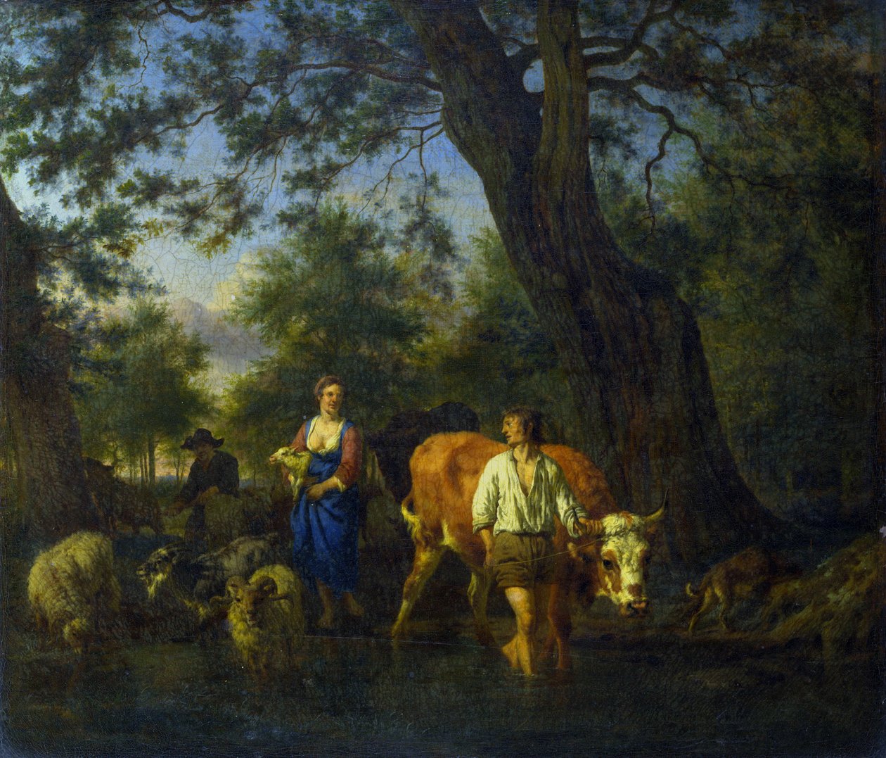 Bir derenin sığ sularında sığırları olan çiftçiler by Adriaen van de Velde