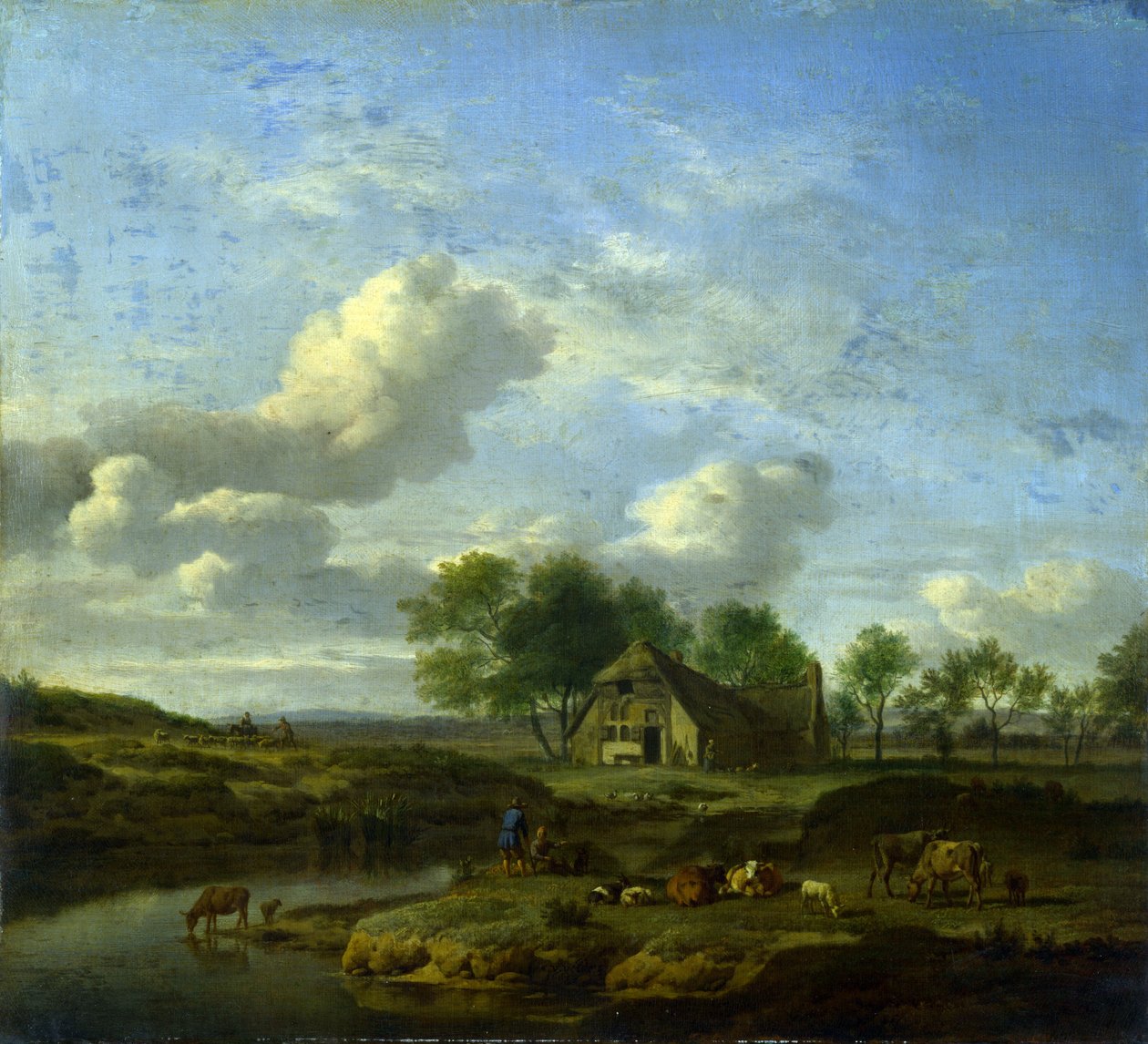 Bir dere kenarında bir çiftliği olan bir manzara by Adriaen van de Velde