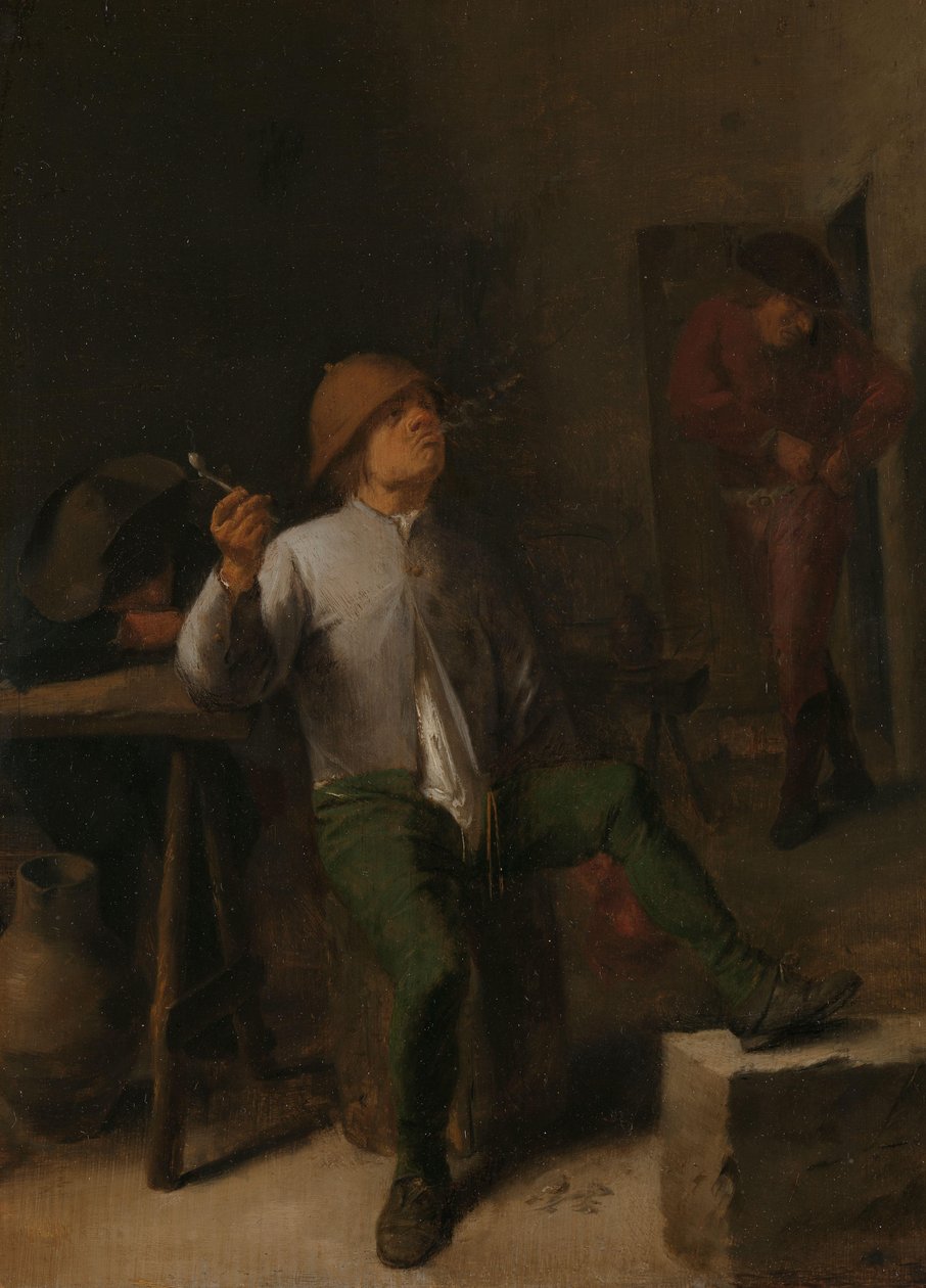sigara içen Bir Tavernada Sigara İçen Adam by Adriaen Brouwer (attributed to)