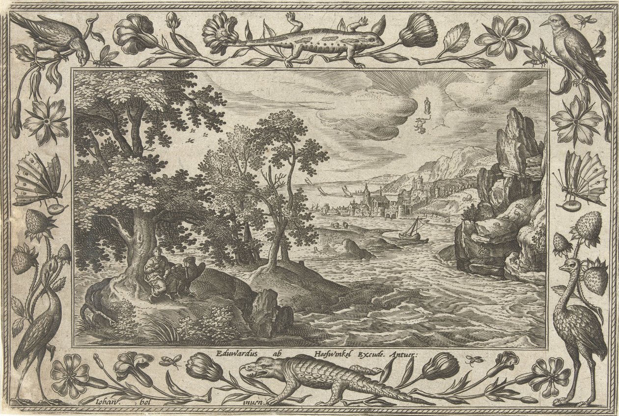 Havari John on Patmos Manzaraları ile İncil, mitolojik sahneler ve av sahneleri (dizi başlığı) by Adriaen Collaert