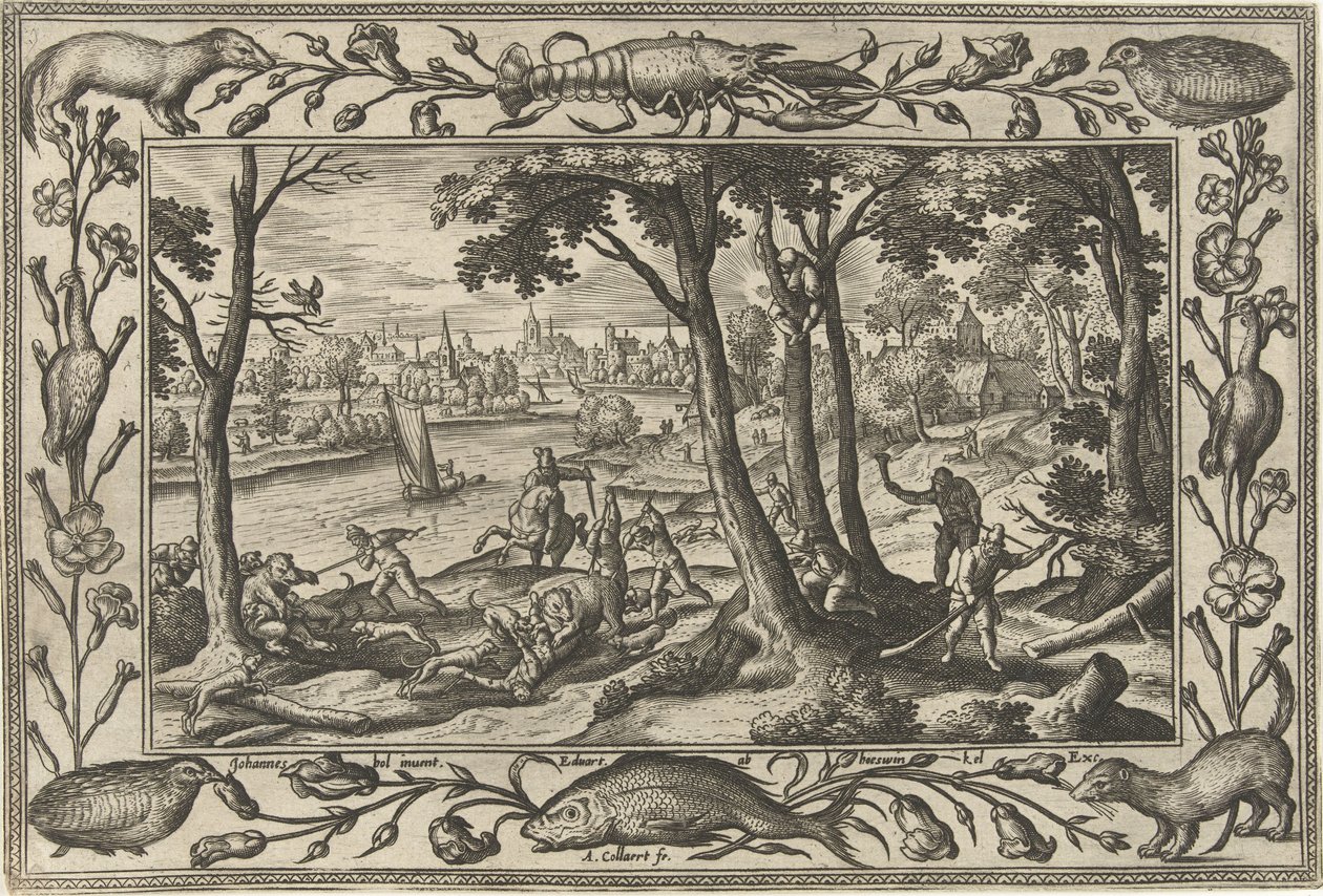 ayı avı İncil, mitolojik sahneler ve av sahneleri içeren manzaralar (dizi adı) by Adriaen Collaert