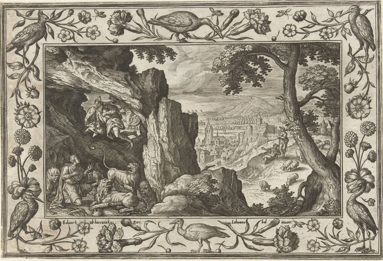 Daniel aslanın ininde İncil, mitolojik sahneler ve av sahneleri içeren manzaralar (dizi adı) by Adriaen Collaert