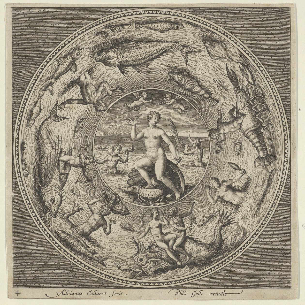 Bir Madalyon Bordürde Trompetçilerle Çevrelenmiş Bir Kabukta Galatealı Bir Plaka Tasarımı..., c1600. by Adriaen Collaert