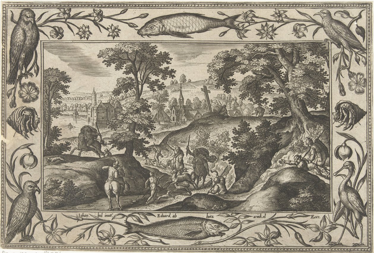Geyik avı İncil, mitolojik sahneler ve av sahneleri içeren manzaralar (dizi adı) by Adriaen Collaert