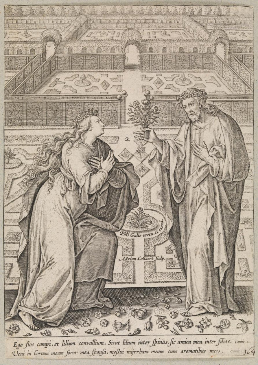 İsa ve gelini Ecclesia, bir bahçede by Adriaen Collaert