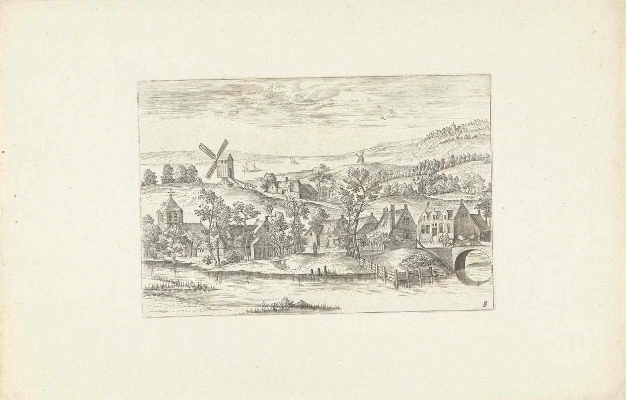 Bir nehir ve bir yel değirmeni ile manzara Anvers çevresindeki manzaralar (dizi başlığı) by Adriaen Collaert