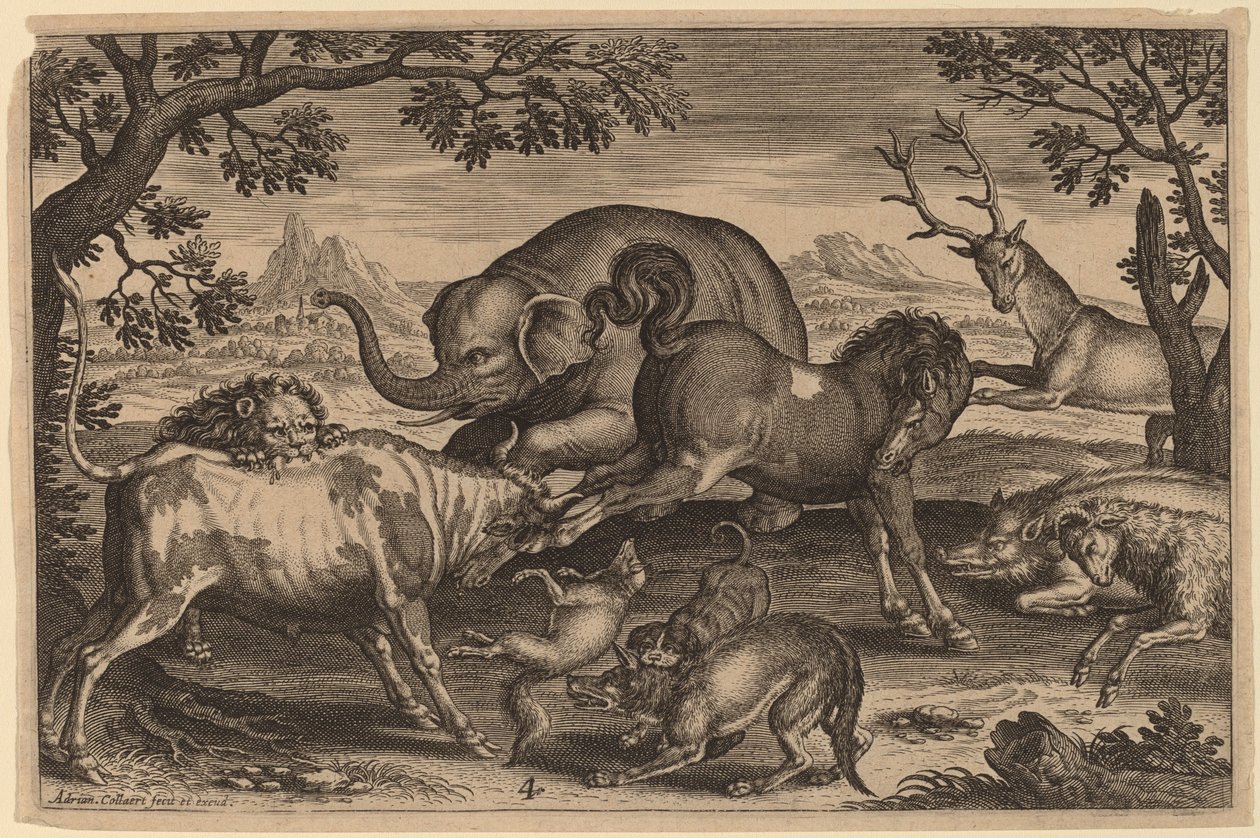Aslan, Boğa, Tilki, Kurt, Köpek, Boer, Keçi, At, Fil ve Geyik by Adriaen Collaert