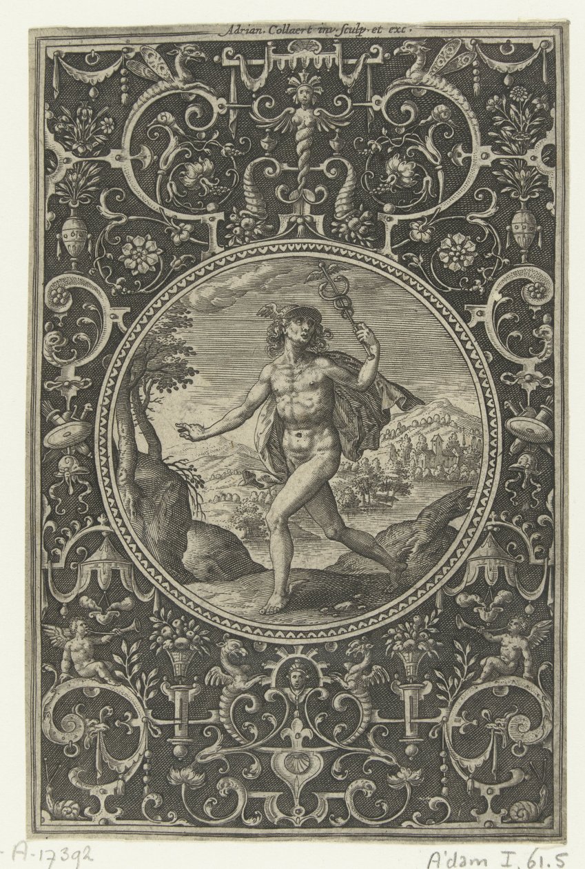 Merkür'ün elinde asasıyla madalyon Paris'in Yargısı'ndan figürlerle madalyonlar (dizi adı) by Adriaen Collaert