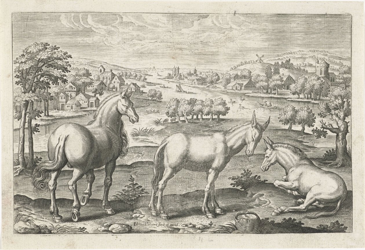 at ve eşekler Dört ayaklı hayvanlar (dizi adı) Animalivm Qvaddrvpedvm (dizi başlığı) by Adriaen Collaert