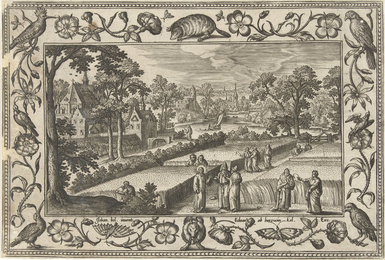 Şabat günü tahıl toplama İncil, mitolojik sahneler ve av sahneleri içeren manzaralar (dizi adı) by Adriaen Collaert