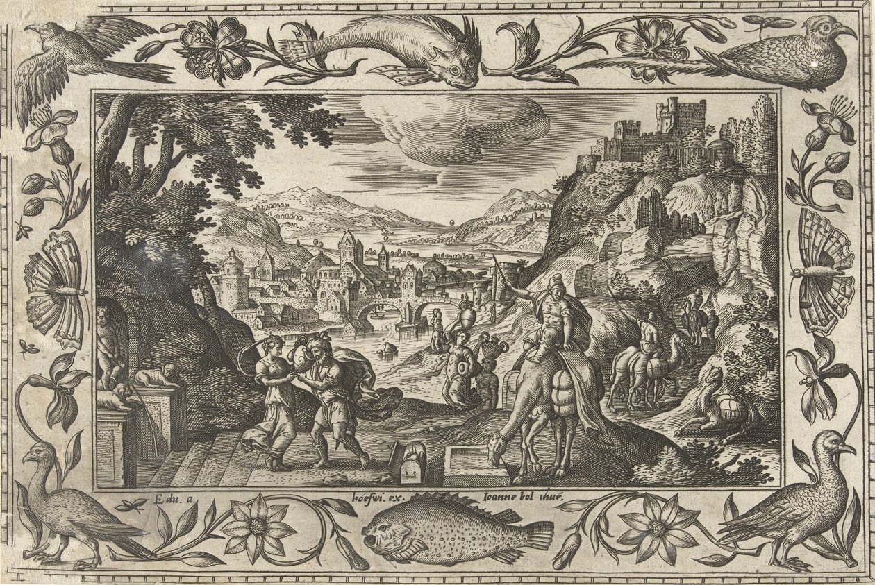 Rebekah ve Eliezer kuyuda İncil, mitolojik sahneler ve av sahneleri içeren manzaralar (dizi adı) by Adriaen Collaert