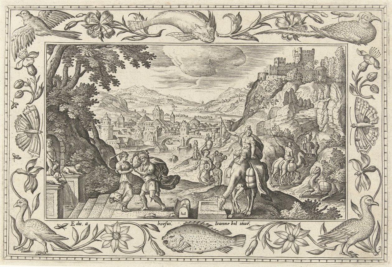 Rebekah ve Eliezer kuyuda İncil, mitolojik sahneler ve av sahneleri içeren manzaralar (dizi adı) by Adriaen Collaert