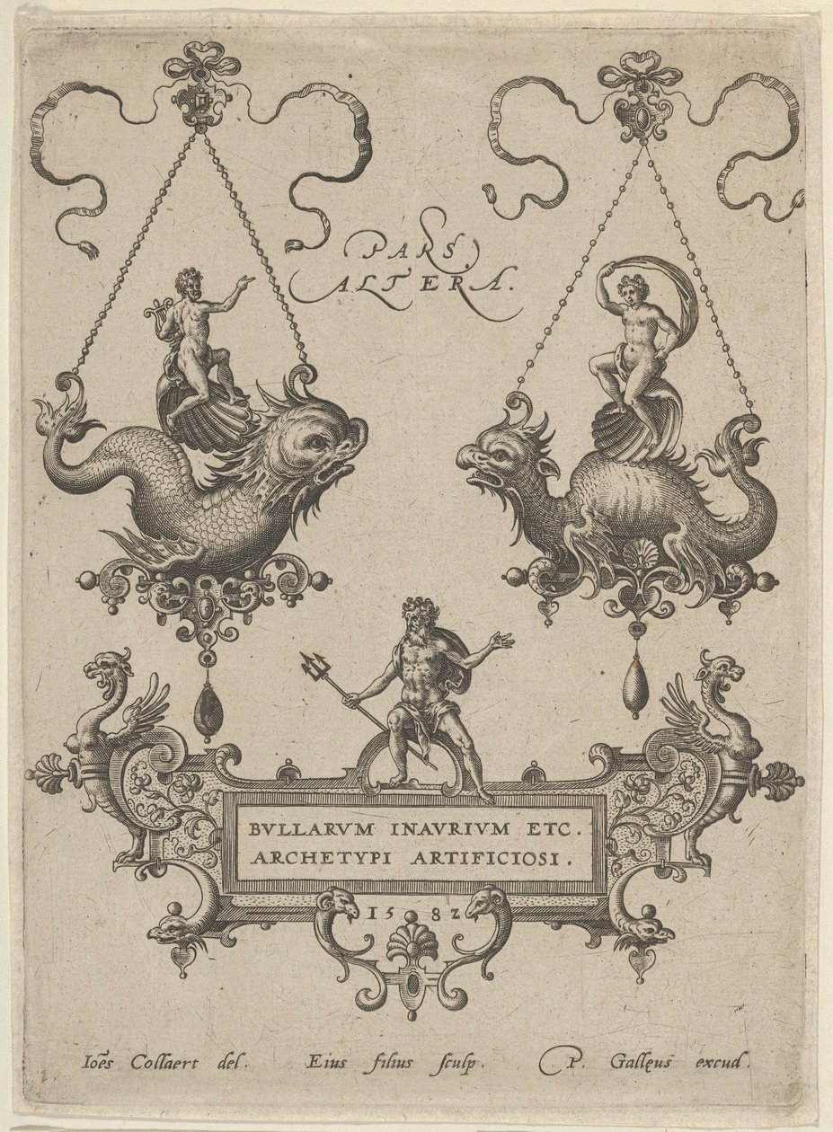 Üstte İki Sarkıt Desenli Başlık Plakası ve Altta Bir Kartuş Üzerinde Duran Neptün, 1582. by Adriaen Collaert