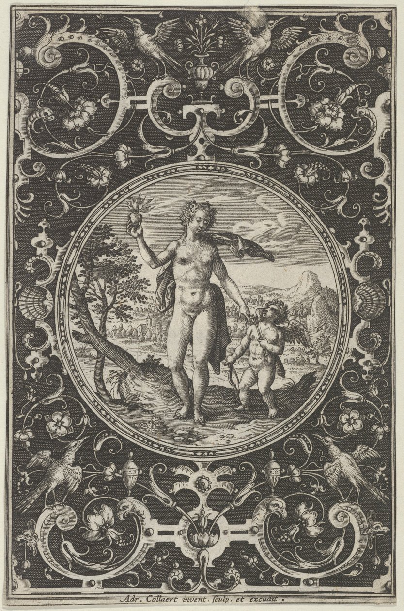 Grotesklerle Dekoratif Bir Çerçevede Venüs ve Aşk Tanrısı, Paris Yargısından..., c1580-1600. by Adriaen Collaert