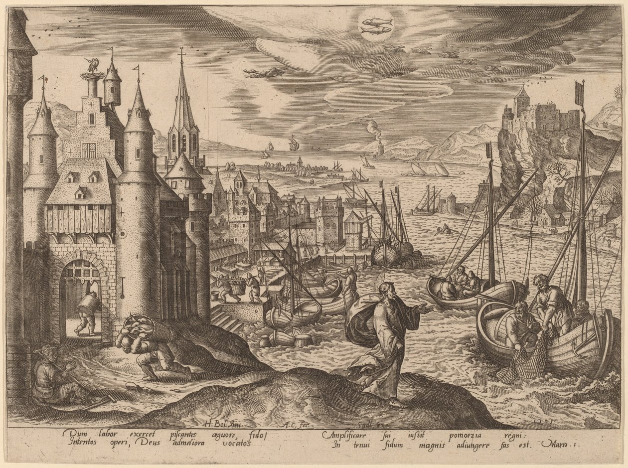 İsa, Havarileri Balıkçılar Arasında Çağırıyor by Adriaen Collaert after Hans Bol