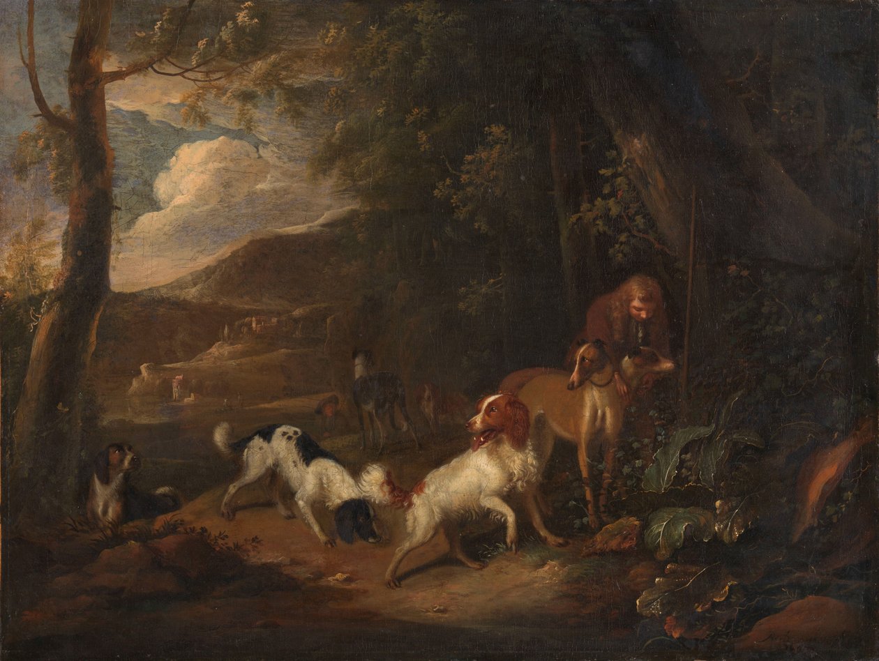 Ormanın Kıyısında Av Köpekleriyle Avcı by Adriaen Cornelisz Beeldemaker