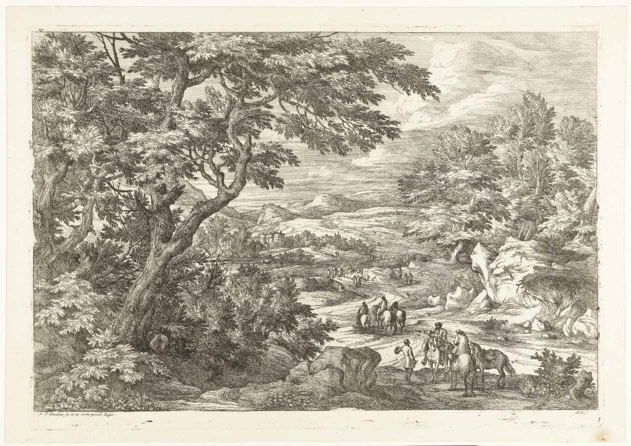 Eve dönüş yolunda avcılarla manzara, uzakta bir kale Avcılarla manzaralar (dizi başlığı) by Adriaen Frans Boudewyns