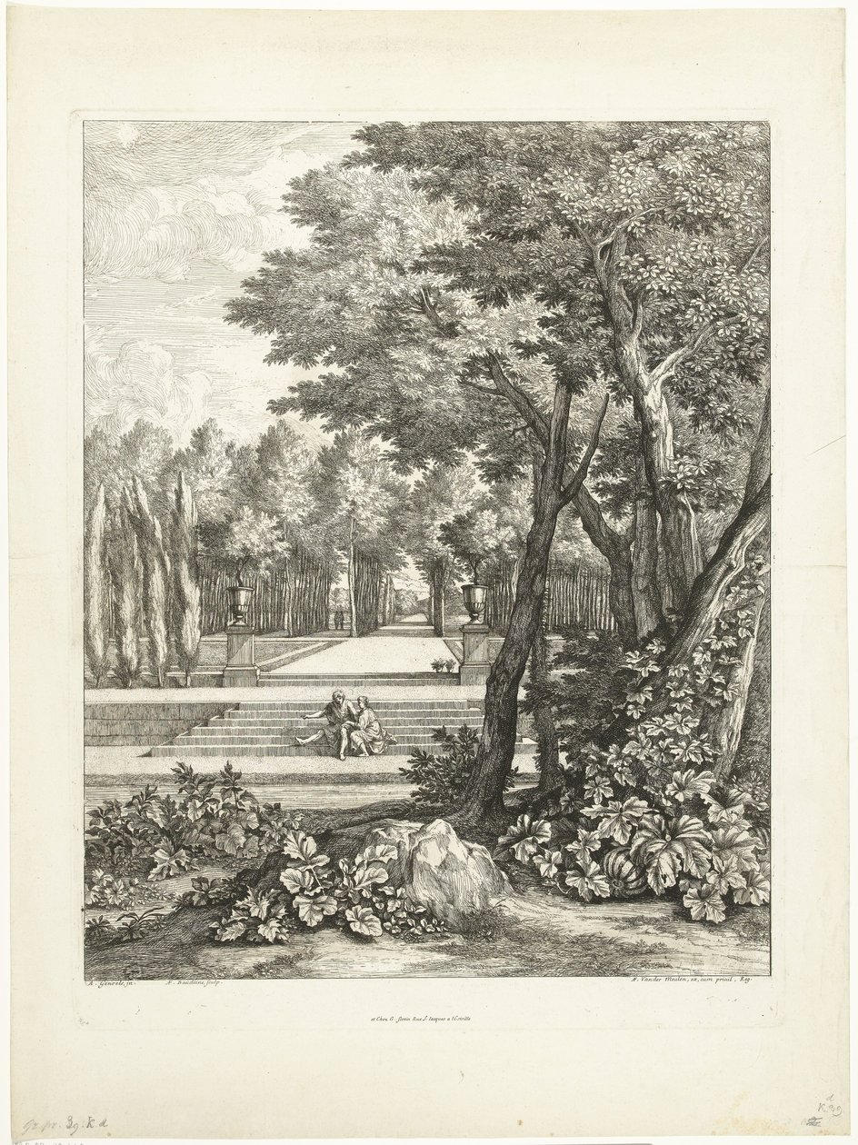 Bahçede bir merdiven üzerinde oturan çift ile manzara by Adriaen Frans Boudewyns