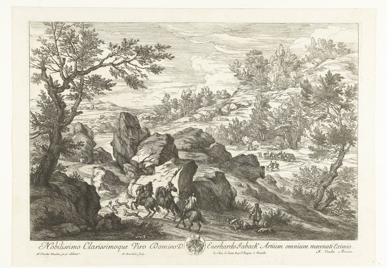 Kayalık bir çıkıntıda binicilerle manzara Avcılarla manzaralar (dizi başlığı) by Adriaen Frans Boudewyns