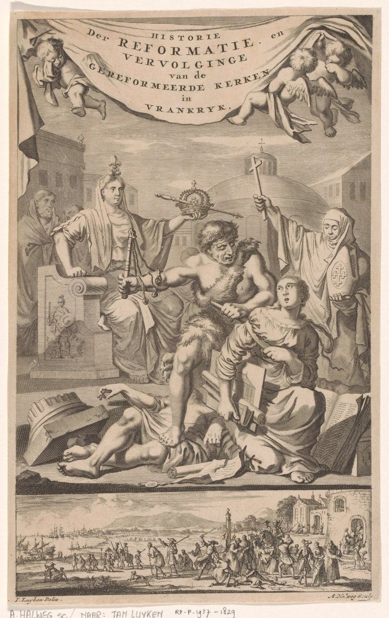 Fransız Reform Kilisesi belalı adam tarafından saldırıya uğradı Başlık sayfası: E. Benoist, Vrankrijk Reform Kiliselerinin Tarihi, 1696 by Adriaen Haelwegh