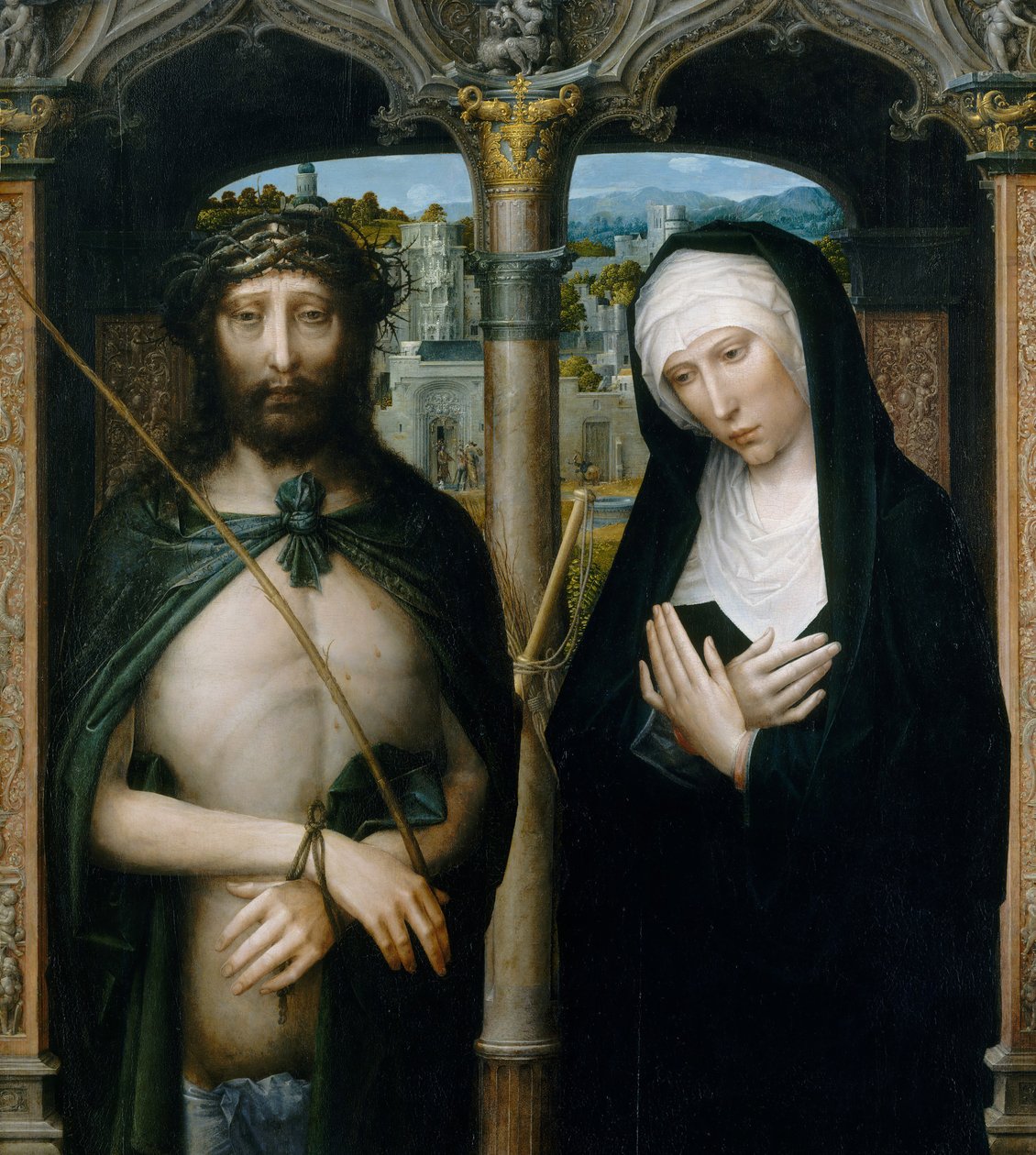 Dikenlerle Taçlandırılan İsa Ecce Homo ve Yaslı Bakire, yakl. 1530-40. by Adriaen Isenbrandt