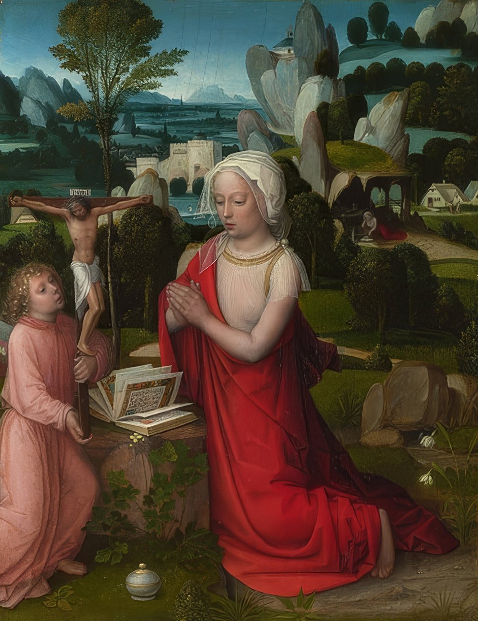 Bir manzara içinde Maria Magdalena. 1520 civarında by Adriaen Isenbrandt or Isenbrant