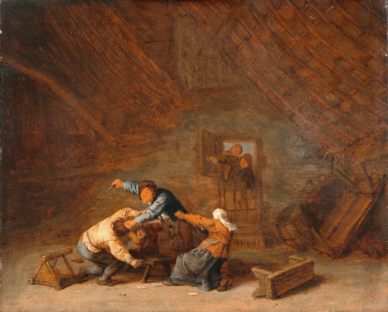 İki köylünün kavga ettiği bir ahırın içi by Adriaen Jansz. van (attr. to) Ostade