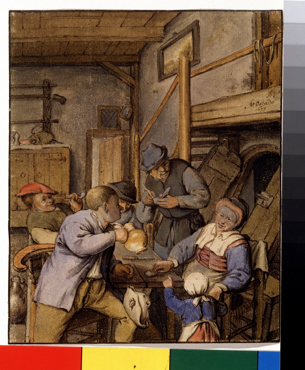 handa (bir meyhanede). Köylüler bir mahzenin girişinin önündeki masada sigara ve içki içiyor. Adriaen Jansz Van Ostade (1610-1685), 1667 dolaylarında tablo. Hollanda resmi. Kağıt üzerine kalem, fırça ve sulu boya. Puşkin Müzesi, Moskova by Adriaen Jansz. van Ostade