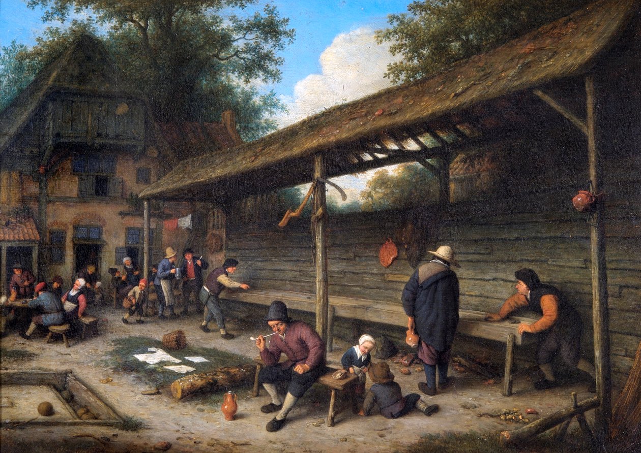 Disk iteleme oyunu olan bir hanın avlusu by Adriaen Jansz. van Ostade