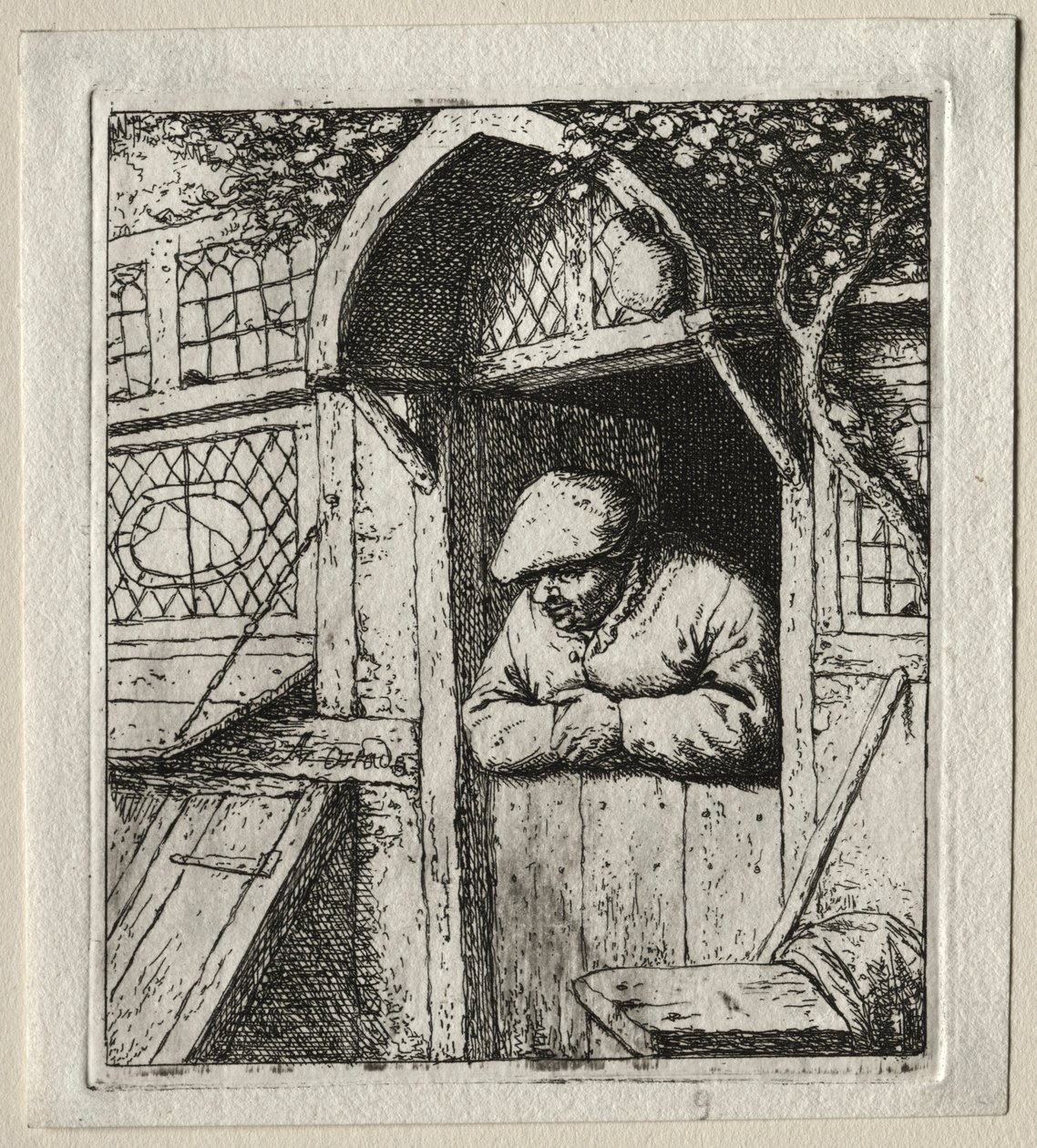 Kapı eşiğine yaslanmış köylü. by Adriaen Jansz. van Ostade
