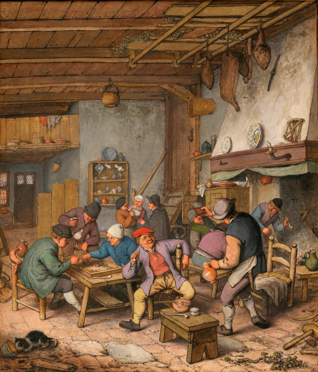 Köylülerin İçtiği, Sigara İçtiği ve Tavla Oynadığı Bir Handaki Oda - Çalışma Adriaen Jansz van Ostade (1610-1685) Kağıt üzerine kalem, tebeşir ve suluboya by Adriaen Jansz. van Ostade