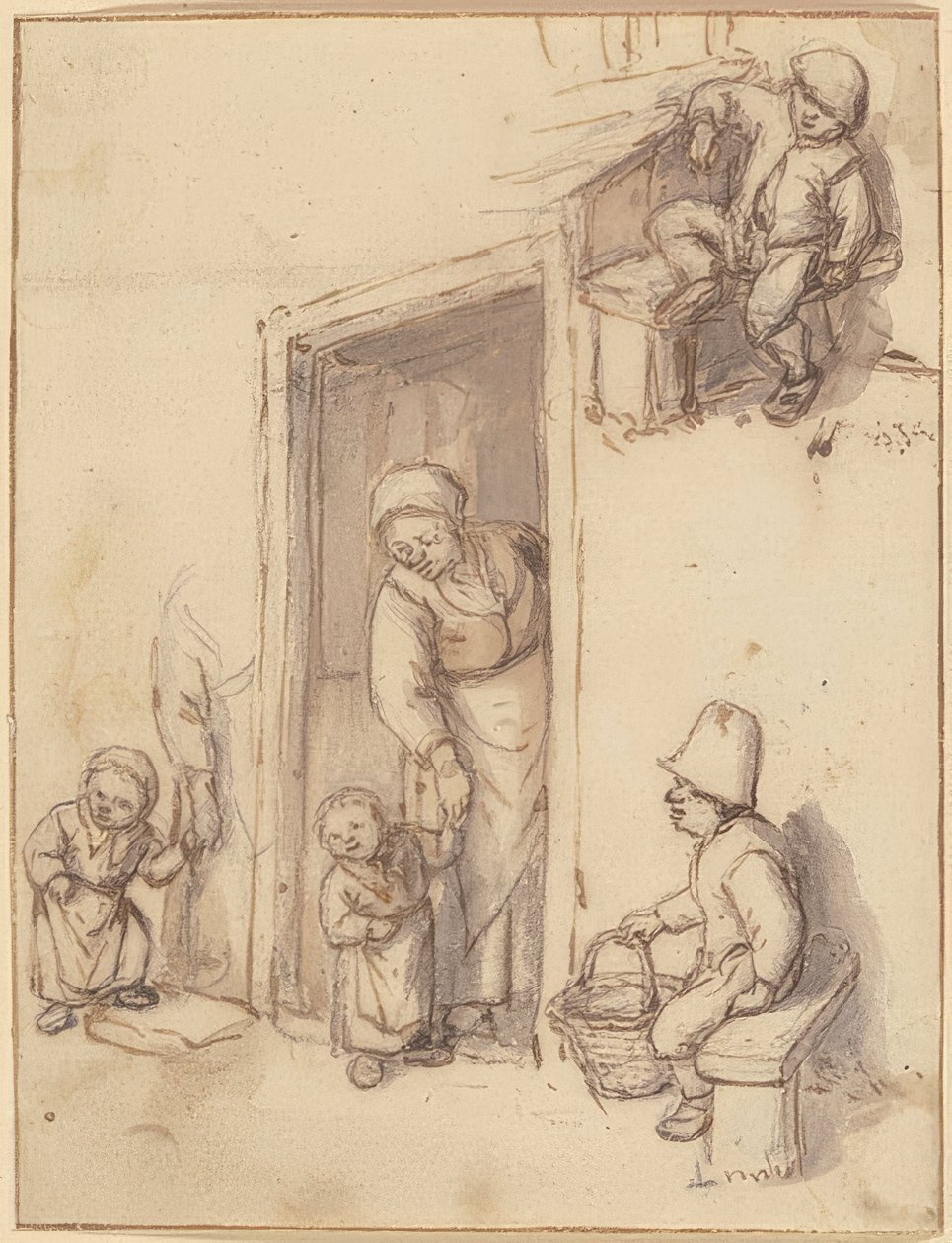 Ön kapıda bir anne ve kızı olan çalışma sayfası, iki erkek çocuk oturuyor. 1660