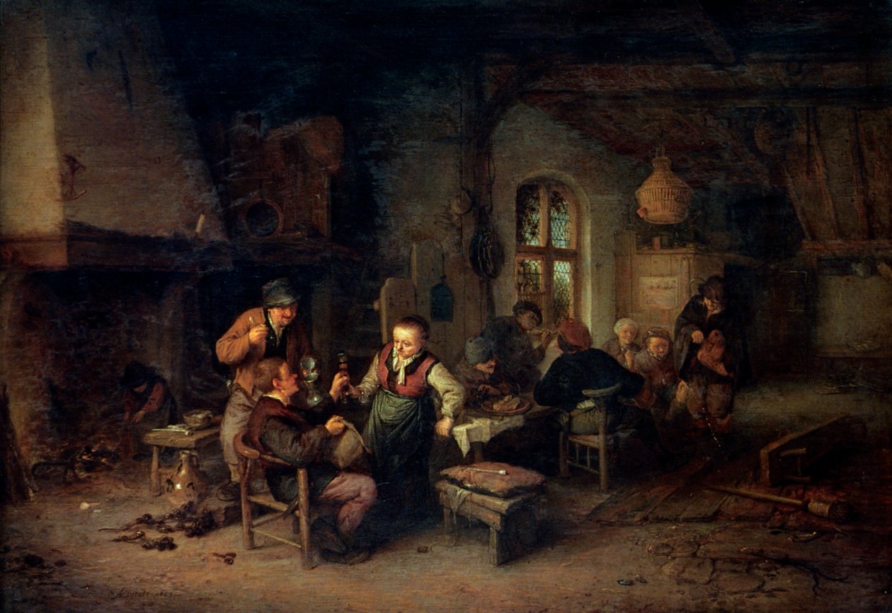 Dokuz Köylü ve Hurdy-Gurdy Oyunculu Bir Hanın İçi, 1653. by Adriaen Jansz. van Ostade