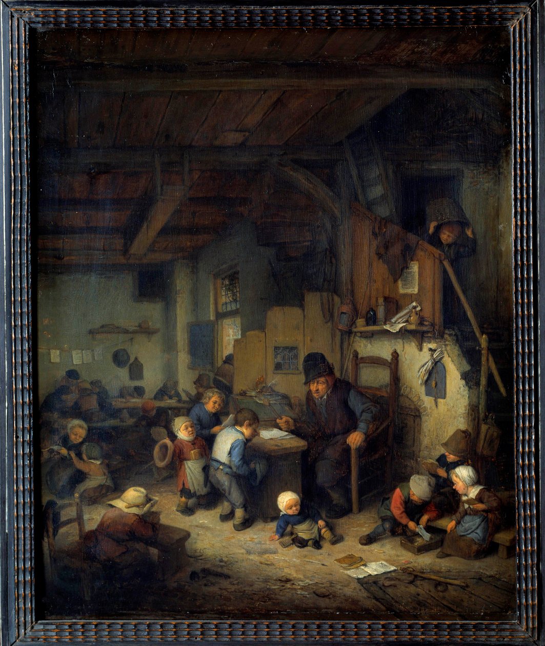 Sahne sınıfının ustası, sevilen geçmişlerden gelen küçük öğrencileri olan eski bir öğretmen. Adrien van Ostade (1610-1685) 1662 Sun tarafından tablo. 0,4x0,32 m by Adriaen Jansz. van Ostade