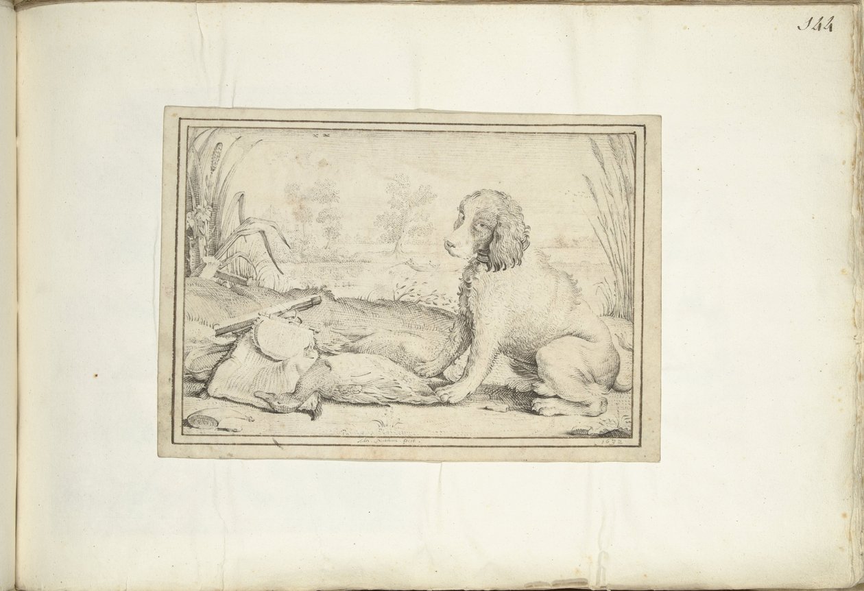 Av ekipmanlarının yanında köpek ve manzarada yağma by Adriaen Matham (signed by artist)