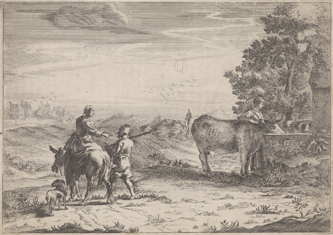 Bir ineği sulayan bir kadınla manzara by Adriaen Oudendijck