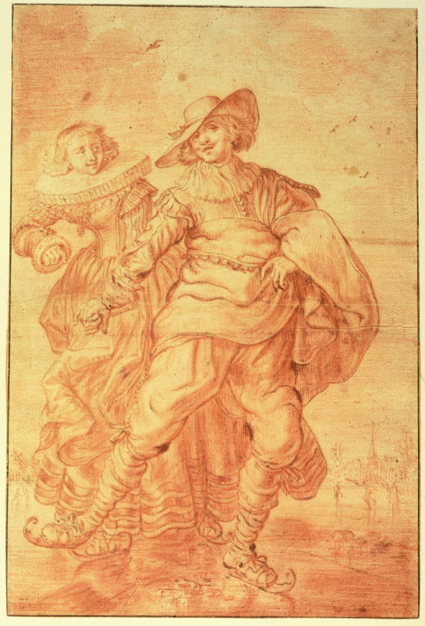 Buz Üzerinde Paten Yapan Bir Hanımefendi ve Beyefendi, 1625 dolayları (kağıt üzerinde kırmızı tebeşir) by Adriaen Pietersz van de Venne