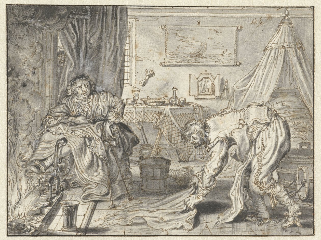 Karısı Ocağın Yanında Otururken Yeri Temizleyen Adam by Adriaen Pietersz van de Venne