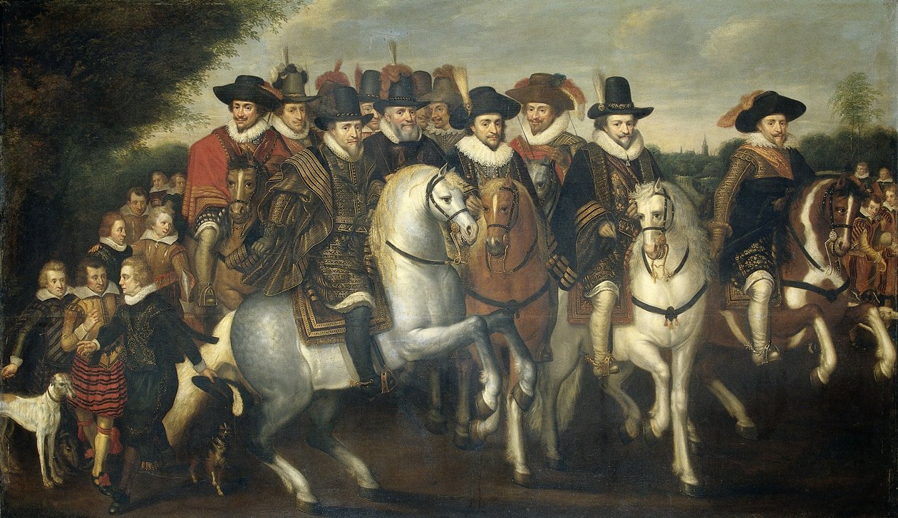 Prens Maurice, iki kardeşi Frederick V, Elector Palatine ve Nassau Kontları'nın Yanında At Sırtında, 1625 dolaylarında by Adriaen Pietersz van de Venne