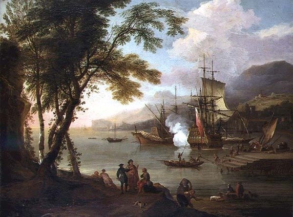 Denizcilik, tüccarlar ve rıhtımlarla bir Akdeniz limanının capriccio