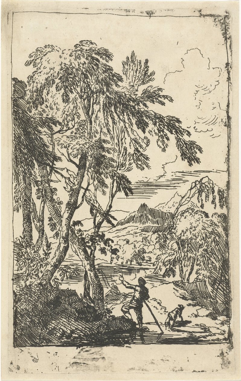 Ağaçlar ve köpek ile adam ile dağlık manzara by Adriaen van Diest
