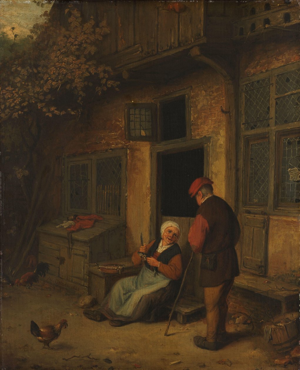 Evinin önünde ringa balığı boğazlayan bir kadın by Adriaen van Ostade (copy after)